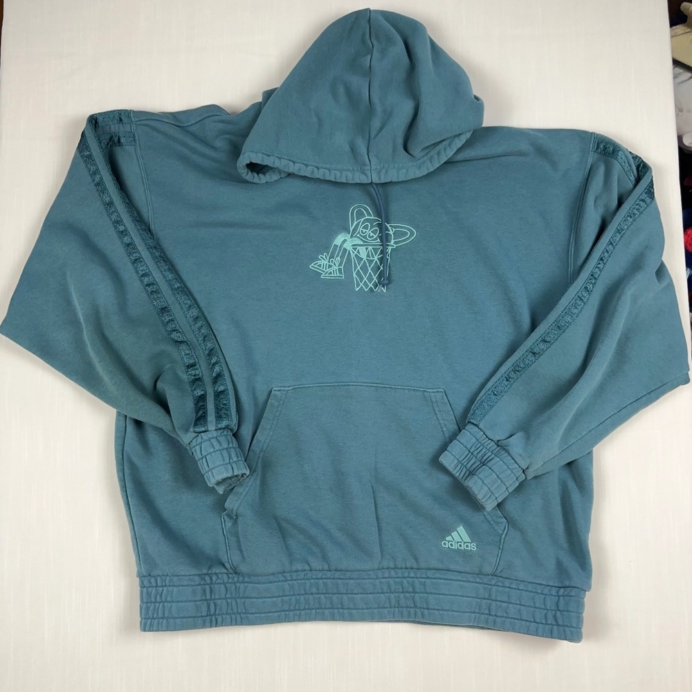 Adidas Mens XL Teal Blue Basketball Graphic Hoodie French Terry Pullover